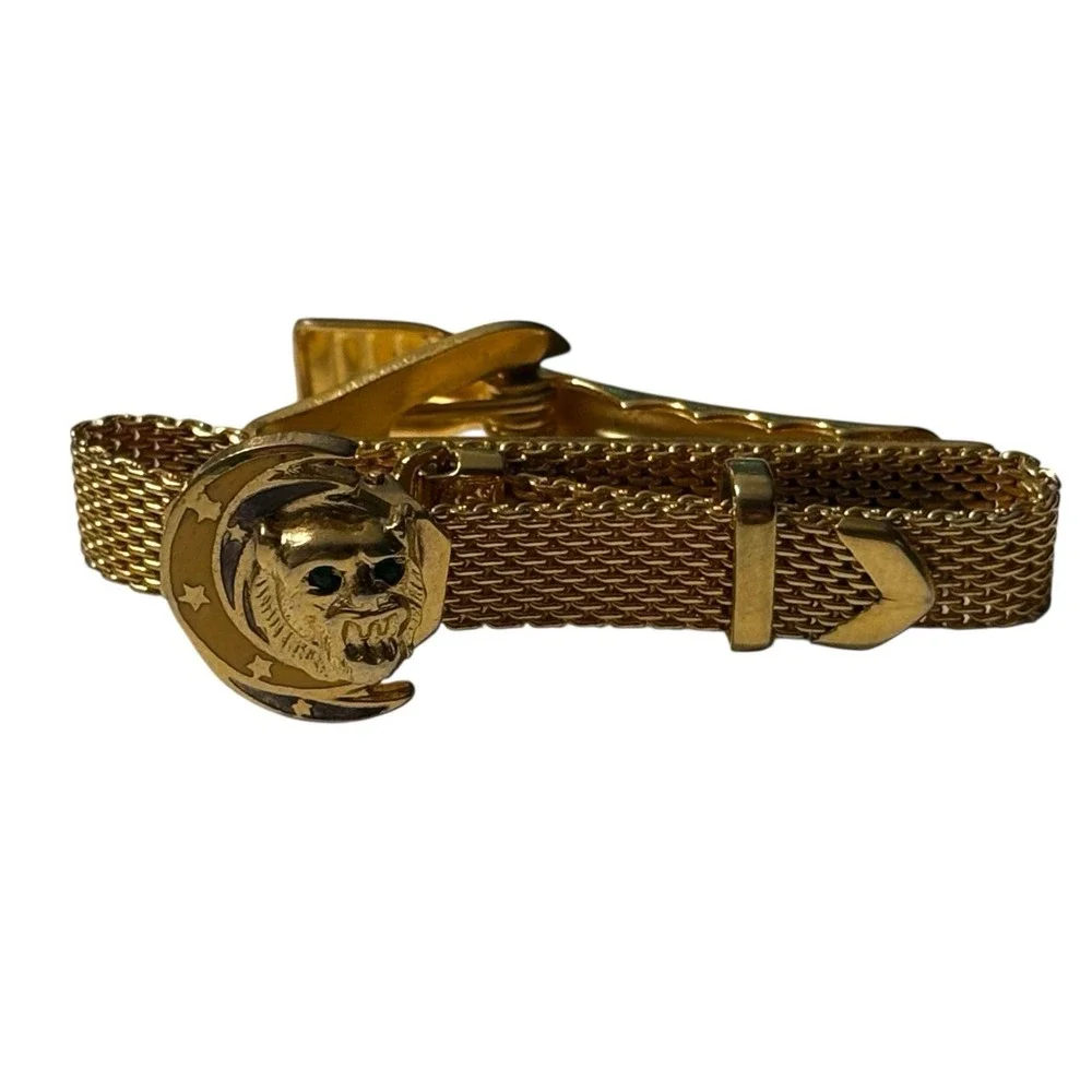 VTG Lion Moon Tie Clip Bar Mesh Wrap Around Celestial Gold Tone Green‎ Eyes MCM